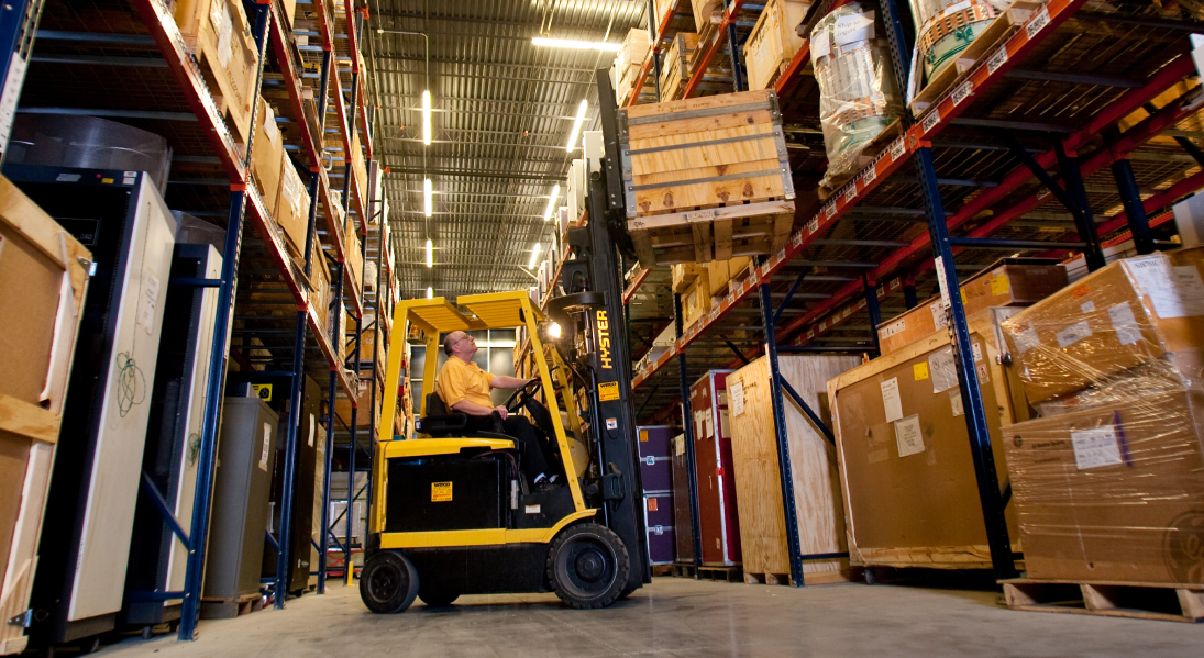 Forklift in a storage warehouse